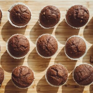 Chocolate cupcakes in paper baking cases