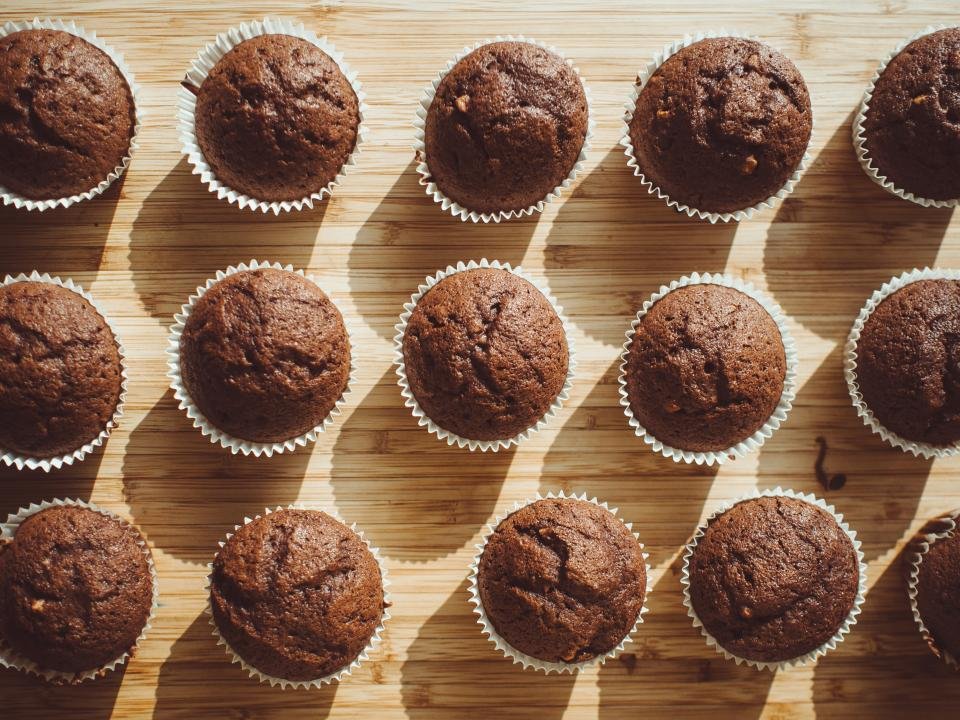 Chocolate cupcakes in paper baking cases