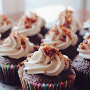 Decorated cupcakes in patterned cupcake cases